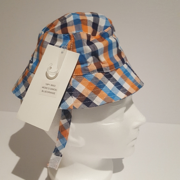 New Bucket Hat 12-24mth w Chin Strap Orange Blue - Picture 2 of 5